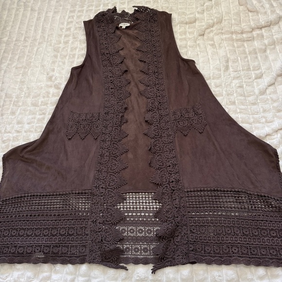 Umgee Large Brown Suede Lace Trim Duster Vest Kimono Cardigan Top ~ Boho Hippie - Picture 4 of 9
